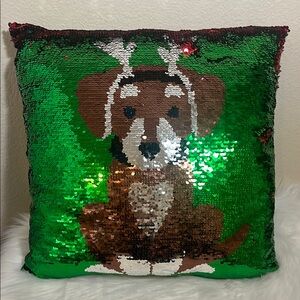 St. Nicholas Square Dog Green Red Flip Sequin Holiday Pillow